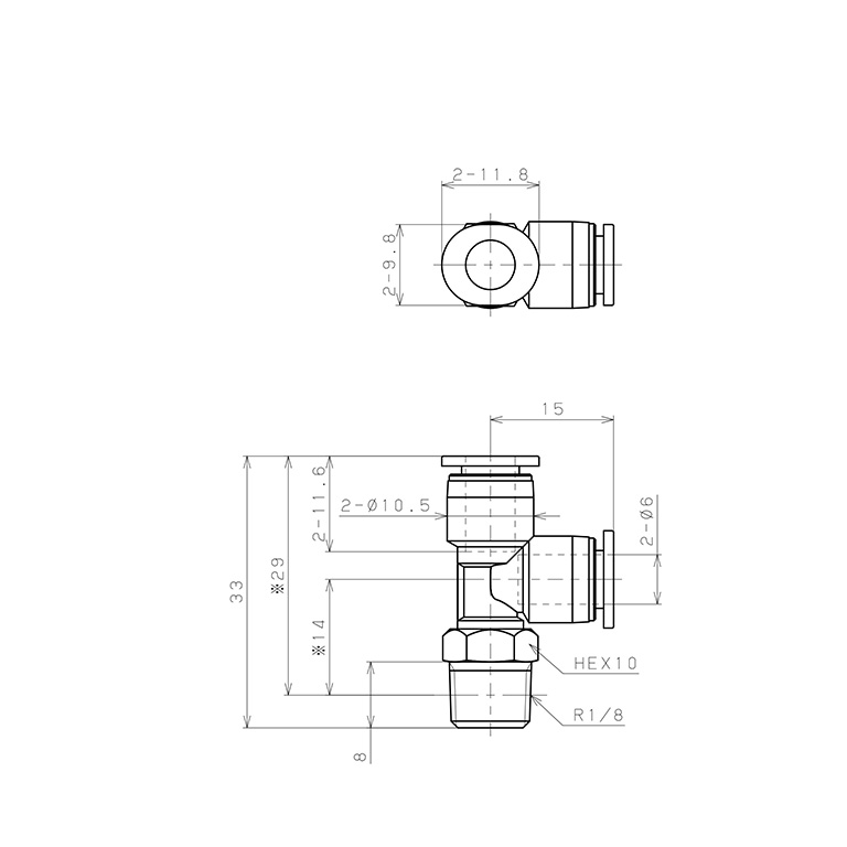 Đầu Nối Nhanh Khí Nén Dạng Chữ T Ren Ngoài Pisco PD6-01MW_drawing