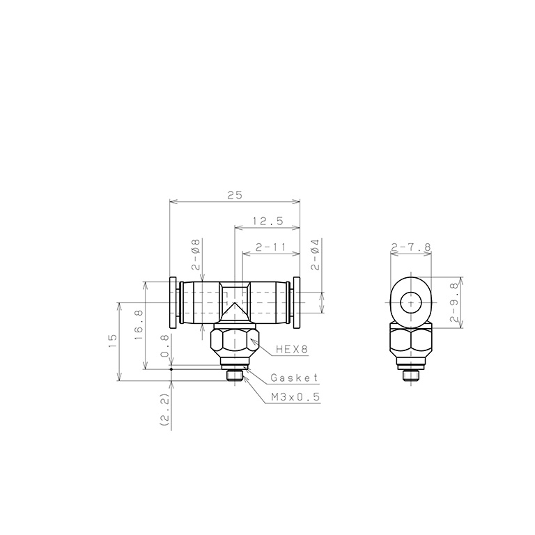 Đầu Nối Nhanh Khí Nén Dạng Chữ T Ren Ngoài Pisco PB4-M3M-C_drawing
