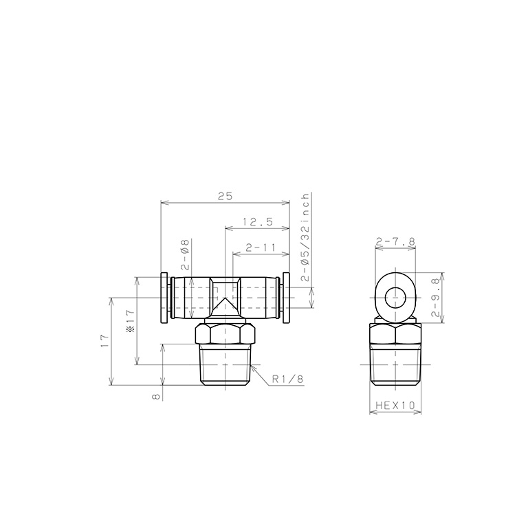 Đầu Nối Nhanh Khí Nén Dạng Chữ T Ren Ngoài Pisco PB5/32-01M_drawing