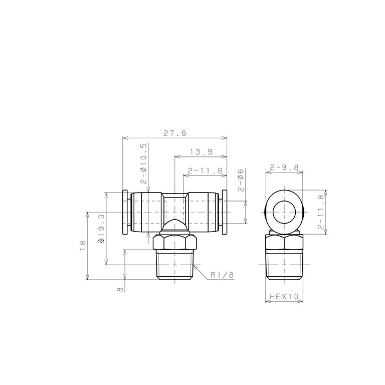 Đầu Nối Nhanh Khí Nén Dạng Chữ T Ren Ngoài Pisco PB6-01M_drawing