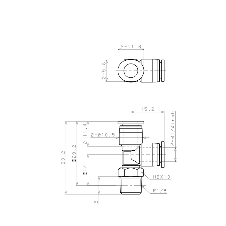 Đầu Nối Nhanh Khí Nén Dạng Chữ T Ren Ngoài Pisco PD1/4-01M_drawing