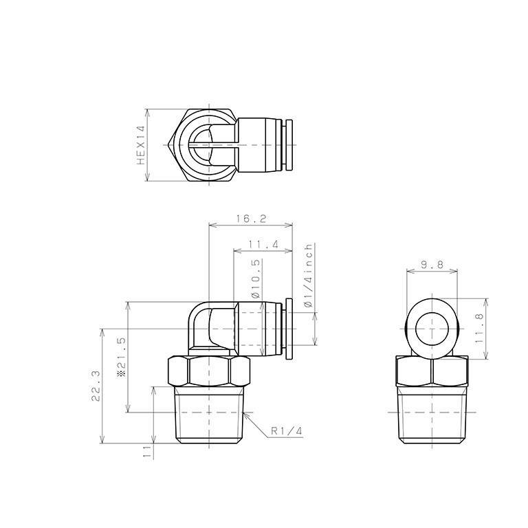 Đầu Nối Nhanh Khí Nén Dạng Cong 90° Ren Ngoài Pisco PL1/4-02MW_drawing