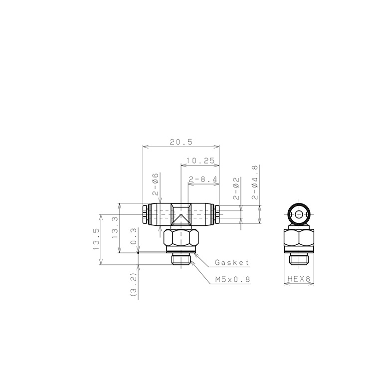 Đầu Nối Nhanh Khí Nén Dạng Chữ T Ren Ngoài Pisco PB2-M5M-C_drawing
