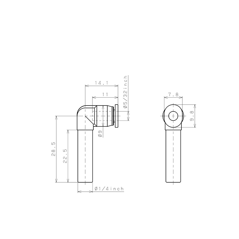 Đầu Nối Nhanh Khí Nén Giữa Ống Khí Và Fitting Dạng Nối Giảm Cong 90° Pisco PLGJ1/4-5/32M_drawing
