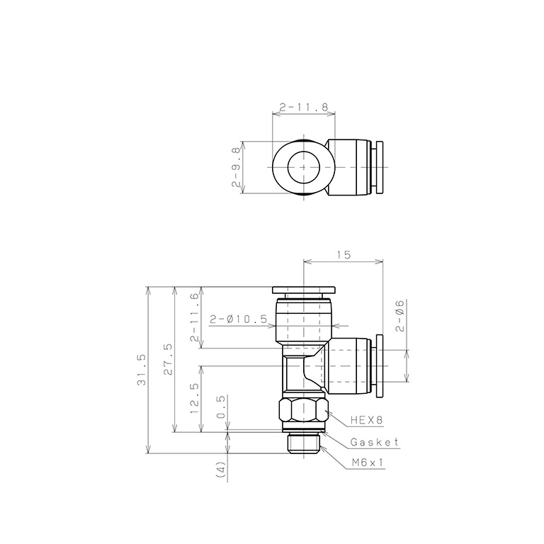 Đầu Nối Nhanh Khí Nén Dạng Chữ T Ren Ngoài Pisco PD6-M6M-C_drawing