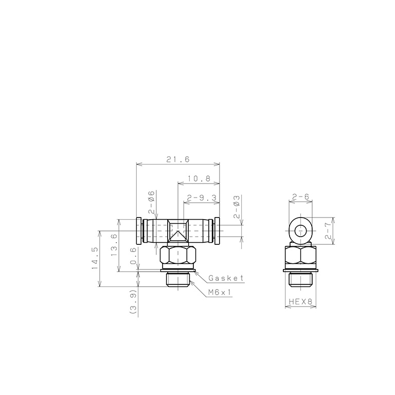Đầu Nối Nhanh Khí Nén Dạng Chữ T Ren Ngoài Pisco PB3-M6M_drawing