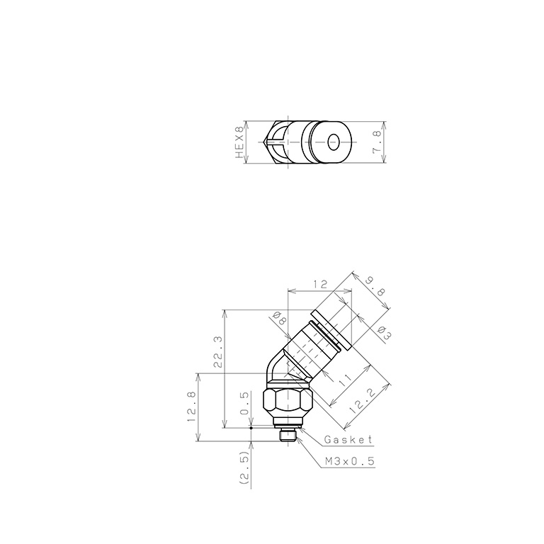 Đầu Nối Nhanh Khí Nén Dạng Cong 45° Ren Ngoài Pisco PLH3-M3M_drawing