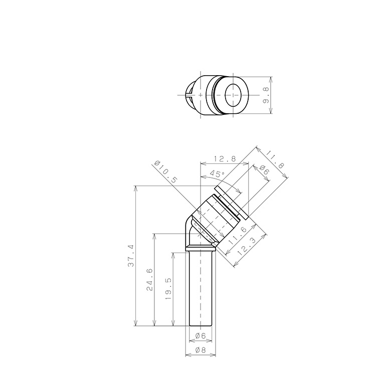 Đầu Nối Nhanh Khí Nén Giữa Ống Khí Và Fitting Dạng Cong 45° Pisco PLHJ6MW_drawing