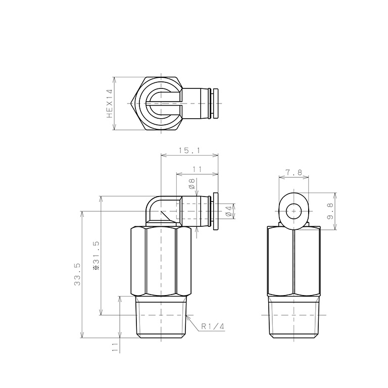 Đầu Nối Nhanh Khí Nén Dạng Cong 90° Ren Ngoài (Dài) Pisco PLL4-02M_drawing