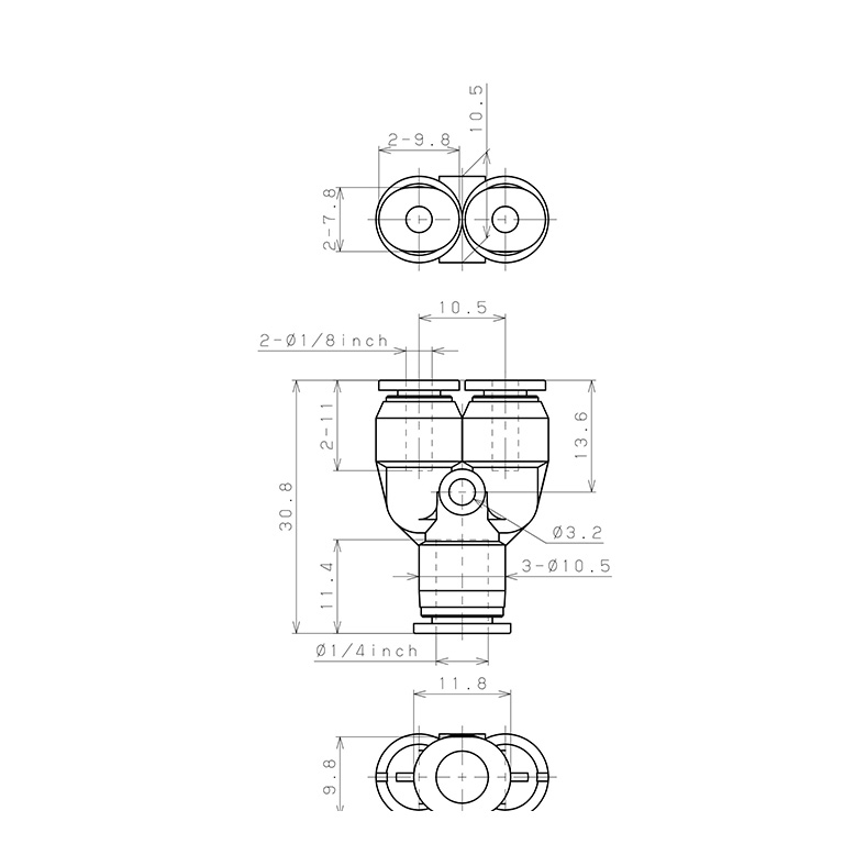 Đầu Nối Nhanh Khí Nén Chữ Y Dạng Nối Giảm Pisco PW1/4-1/8M_drawing