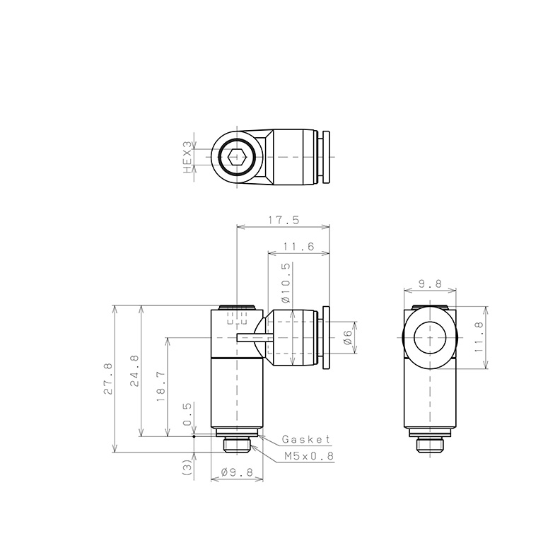 Đầu Nối Nhanh Khí Nén Dạng Cong 90° (Dài) Đầu Lục Giác Chìm Ren Ngoài Pisco POLL6-M5M_drawing