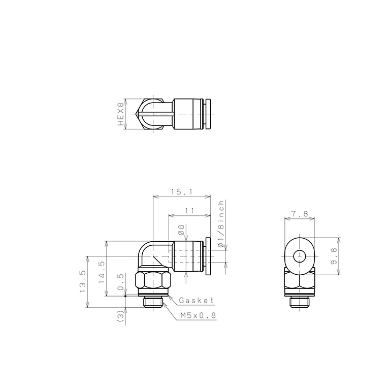 Đầu Nối Nhanh Khí Nén Dạng Cong 90° Ren Ngoài Pisco PL1/8-M5MW_drawing
