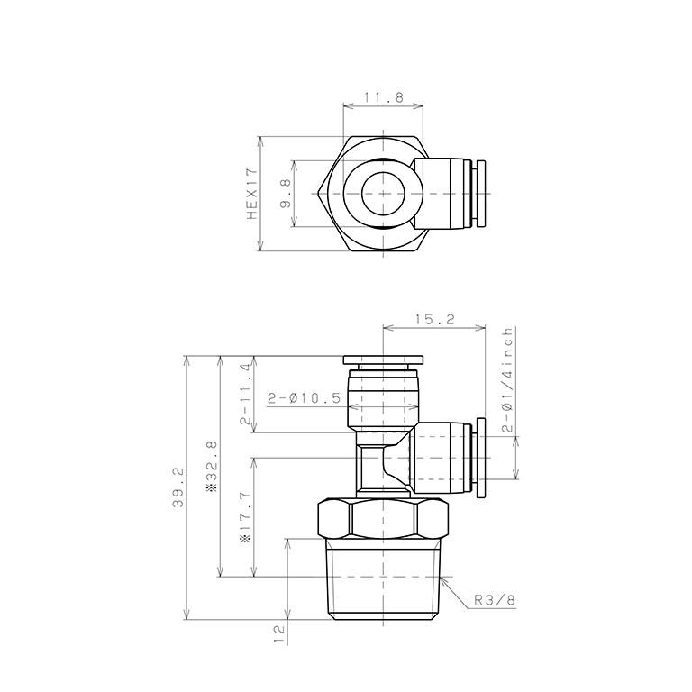Đầu Nối Nhanh Khí Nén Dạng Chữ T Ren Ngoài Pisco PD1/4-03M_drawing