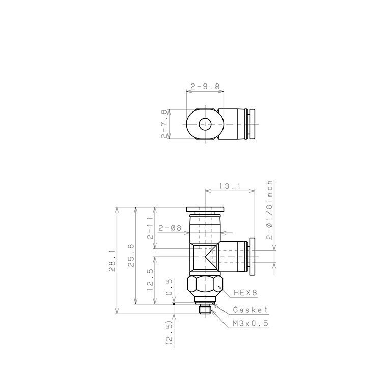 Đầu Nối Nhanh Khí Nén Dạng Chữ T Ren Ngoài Pisco PD1/8-M3MW_drawing