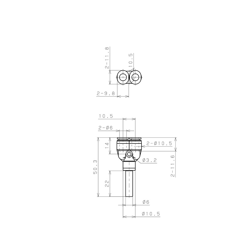 Đầu Nối Nhanh Khí Nén Giữa Ống Khí Và Fitting Dạng Chữ Y Pisco PYJ6MW_drawing
