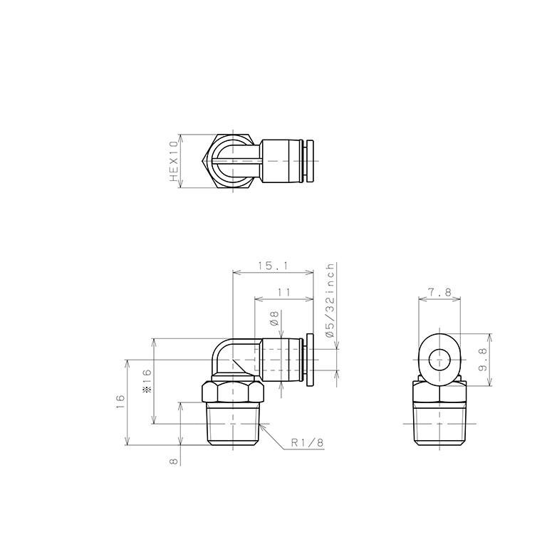Đầu Nối Nhanh Khí Nén Dạng Cong 90° Ren Ngoài Pisco PL5/32-01M_drawing
