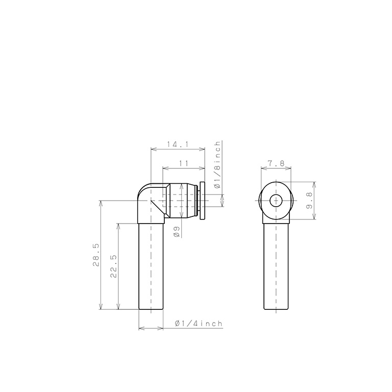 Đầu Nối Nhanh Khí Nén Giữa Ống Khí Và Fitting Dạng Nối Giảm Cong 90° Pisco PLGJ1/4-1/8M_drawing
