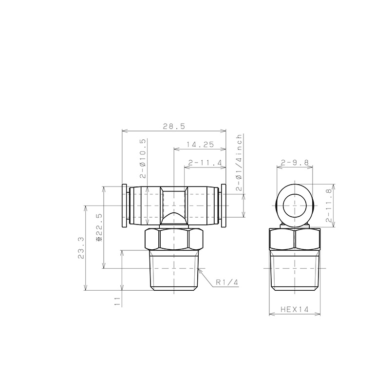 Đầu Nối Nhanh Khí Nén Dạng Chữ T Ren Ngoài Pisco PB1/4-02M_drawing
