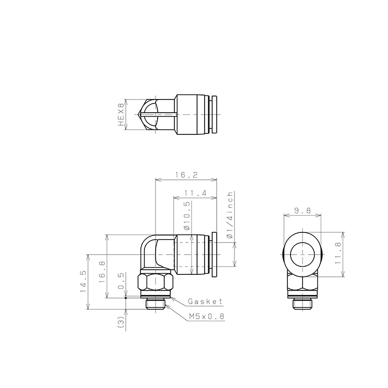 Đầu Nối Nhanh Khí Nén Dạng Cong 90° Ren Ngoài Pisco PL1/4-M5M_drawing