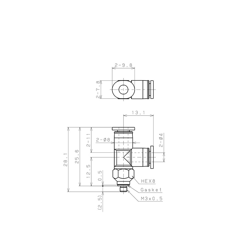 Đầu Nối Nhanh Khí Nén Dạng Chữ T Ren Ngoài Pisco PD4-M3MW_drawing