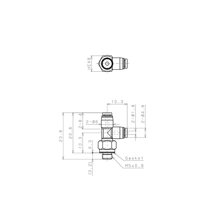 Đầu Nối Nhanh Khí Nén Dạng Chữ T Ren Ngoài Pisco PD180-M5M-C_drawing
