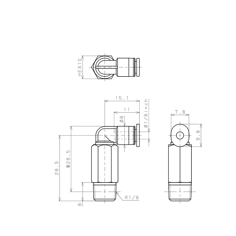 Đầu Nối Nhanh Khí Nén Dạng Cong 90° Ren Ngoài (Dài) Pisco PLL1/8-01M_drawing