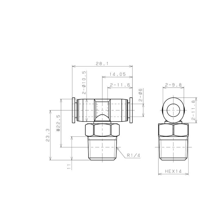 Đầu Nối Nhanh Khí Nén Dạng Chữ T Ren Ngoài Pisco PB6-02M_drawing