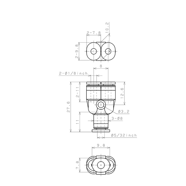 Đầu Nối Nhanh Khí Nén Chữ Y Dạng Nối Giảm Pisco PW5/32-1/8M-C_drawing