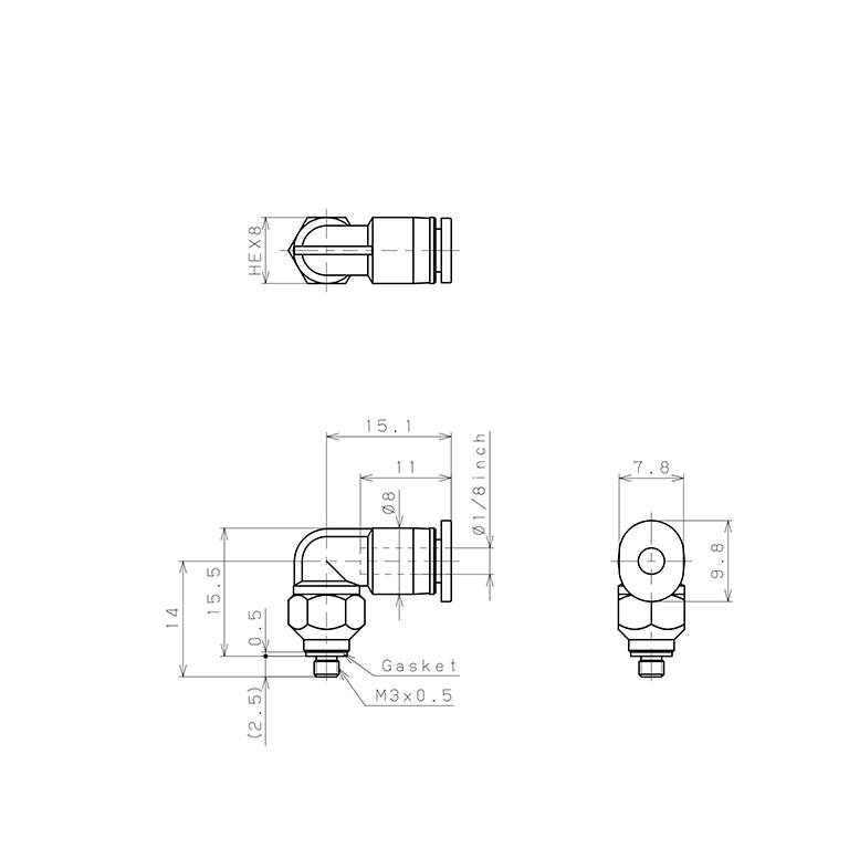 Đầu Nối Nhanh Khí Nén Dạng Cong 90° Ren Ngoài Pisco PL1/8-M3MW_drawing