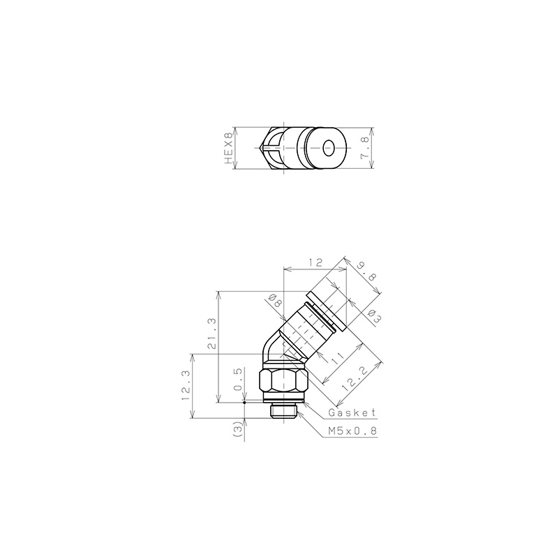 Đầu Nối Nhanh Khí Nén Dạng Cong 45° Ren Ngoài Pisco PLH3-M5M_drawing