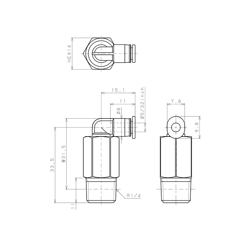 Đầu Nối Nhanh Khí Nén Dạng Cong 90° Ren Ngoài (Dài) Pisco PLL5/32-02M_drawing