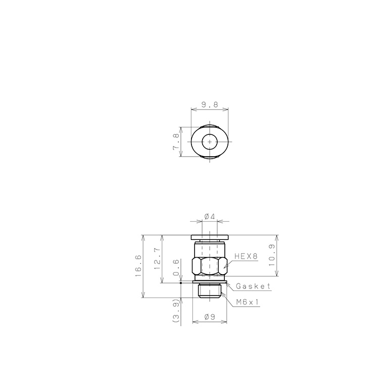 Đầu Nối Nhanh Khí Nén Dạng Thẳng Thân Lục Giác Ren Ngoài Pisco PC4-M6MW_drawing