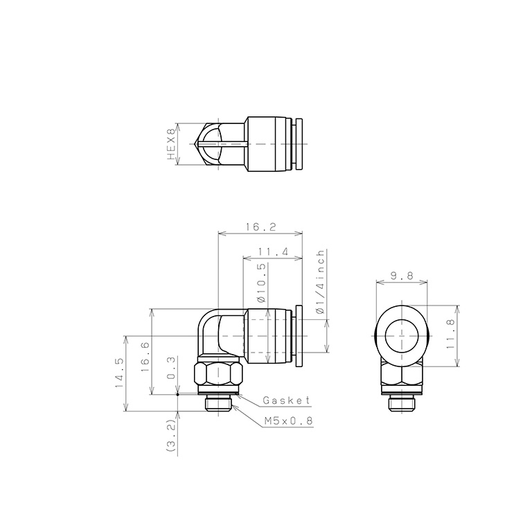 Đầu Nối Nhanh Khí Nén Dạng Cong 90° Ren Ngoài Pisco PL1/4-M5M-C_drawing
