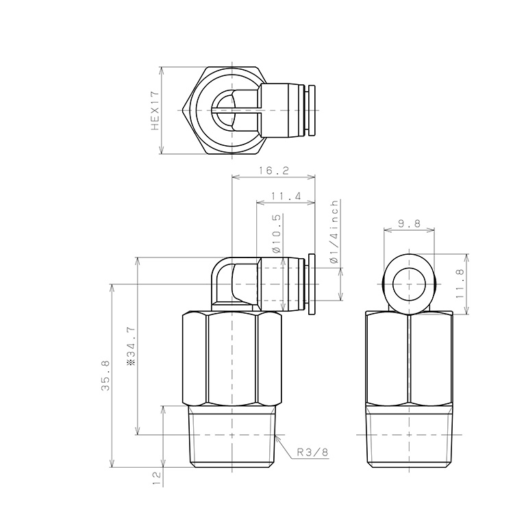 Đầu Nối Nhanh Khí Nén Dạng Cong 90° Ren Ngoài (Dài) Pisco PLL1/4-03M_drawing