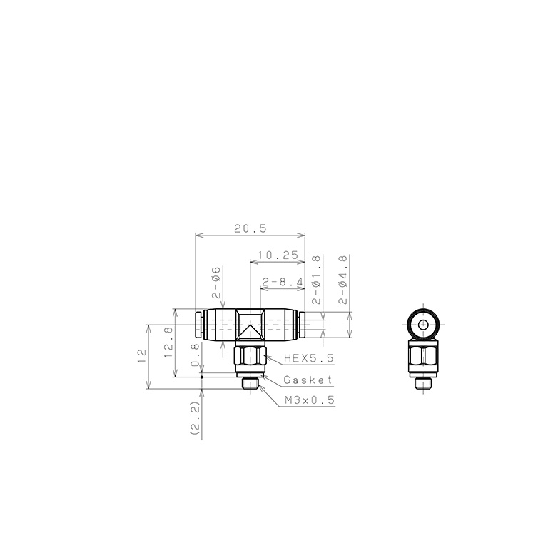 Đầu Nối Nhanh Khí Nén Dạng Chữ T Ren Ngoài Pisco PB180-M3M-C_drawing