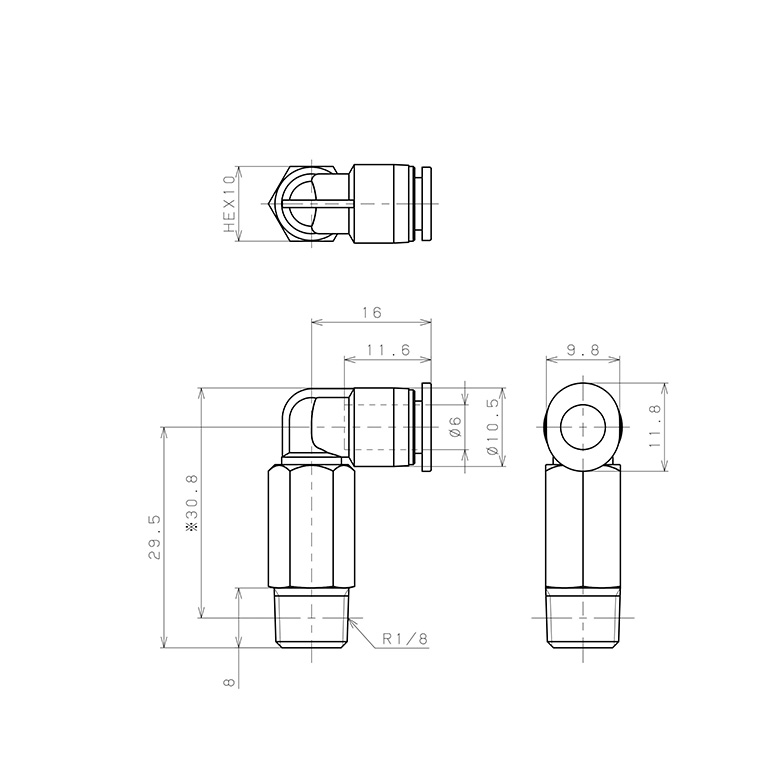 Đầu Nối Nhanh Khí Nén Dạng Cong 90° Ren Ngoài (Dài) Pisco PLL6-01MW_drawing