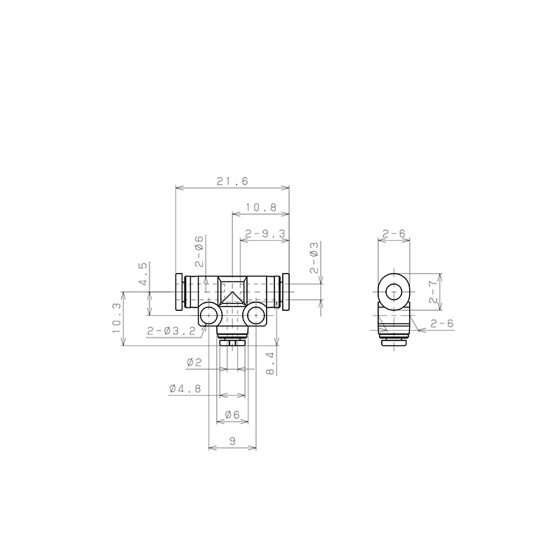 Đầu Nối Nhanh Khí Nén Chữ T Dạng Nối Giảm Pisco PEG3-2MW_drawing