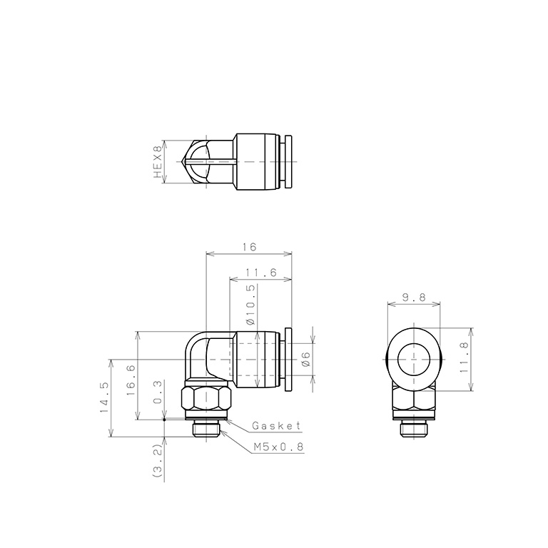 Đầu Nối Nhanh Khí Nén Dạng Cong 90° Ren Ngoài Pisco PL6-M5MW-C_drawing
