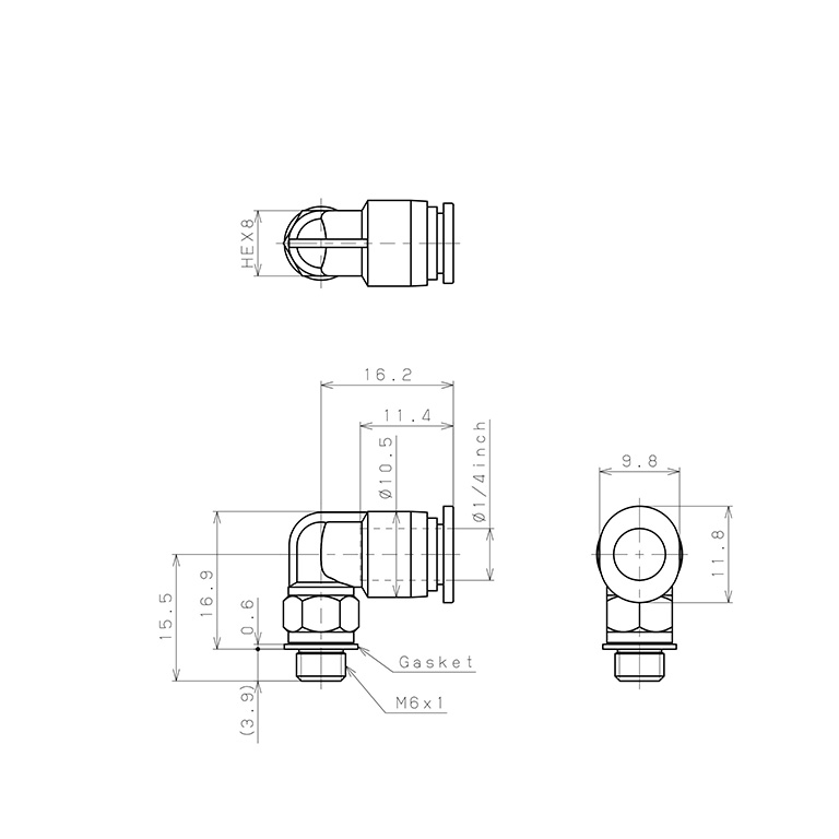 Đầu Nối Nhanh Khí Nén Dạng Cong 90° Ren Ngoài Pisco PL1/4-M6M_drawing