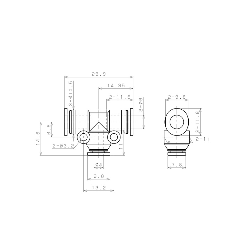 Đầu Nối Nhanh Khí Nén Chữ T Dạng Nối Giảm Pisco PEG6-4M_drawing