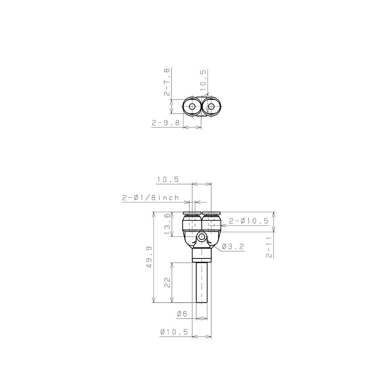 Đầu Nối Nhanh Khí Nén Giữa Ống Khí Và Fitting Dạng Nối Giảm Chữ Y Pisco PWJ6-1/8M_drawing