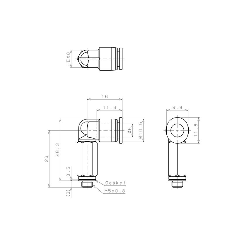 Đầu Nối Nhanh Khí Nén Dạng Cong 90° Ren Ngoài (Dài) Pisco PLL6-M5M_drawing