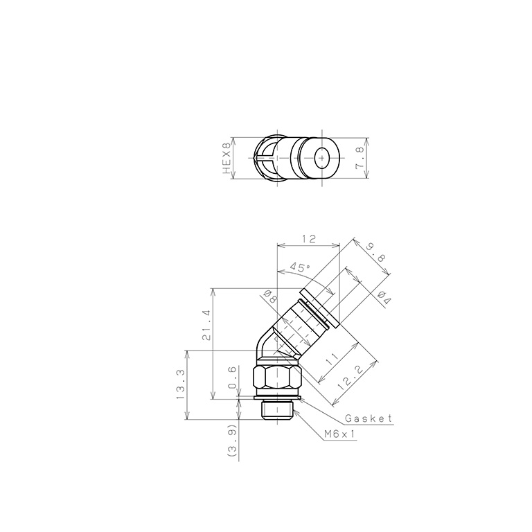 Đầu Nối Nhanh Khí Nén Dạng Cong 45° Ren Ngoài Pisco PLH4-M6M_drawing