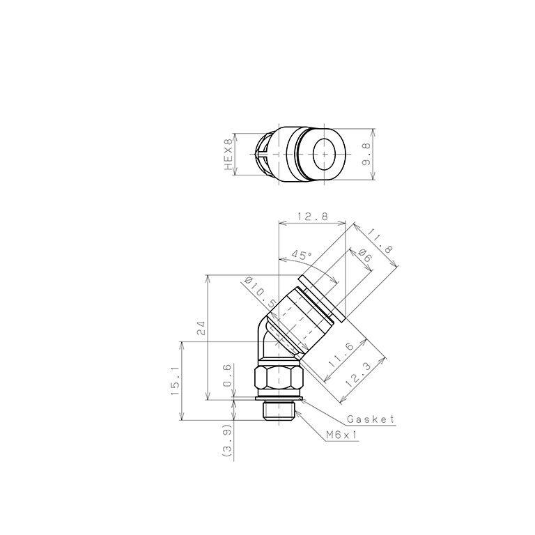 Đầu Nối Nhanh Khí Nén Dạng Cong 45° Ren Ngoài Pisco PLH6-M6MW_drawing