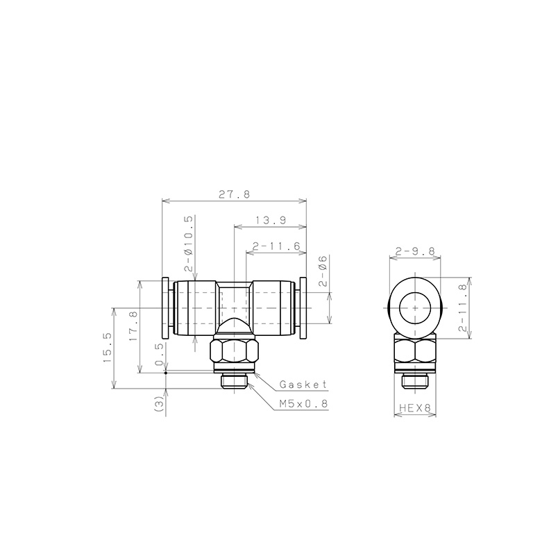 Đầu Nối Nhanh Khí Nén Dạng Chữ T Ren Ngoài Pisco PB6-M5MW_drawing