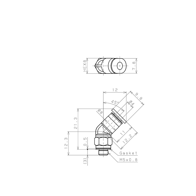 Đầu Nối Nhanh Khí Nén Dạng Cong 45° Ren Ngoài Pisco PLH4-M5MW_drawing