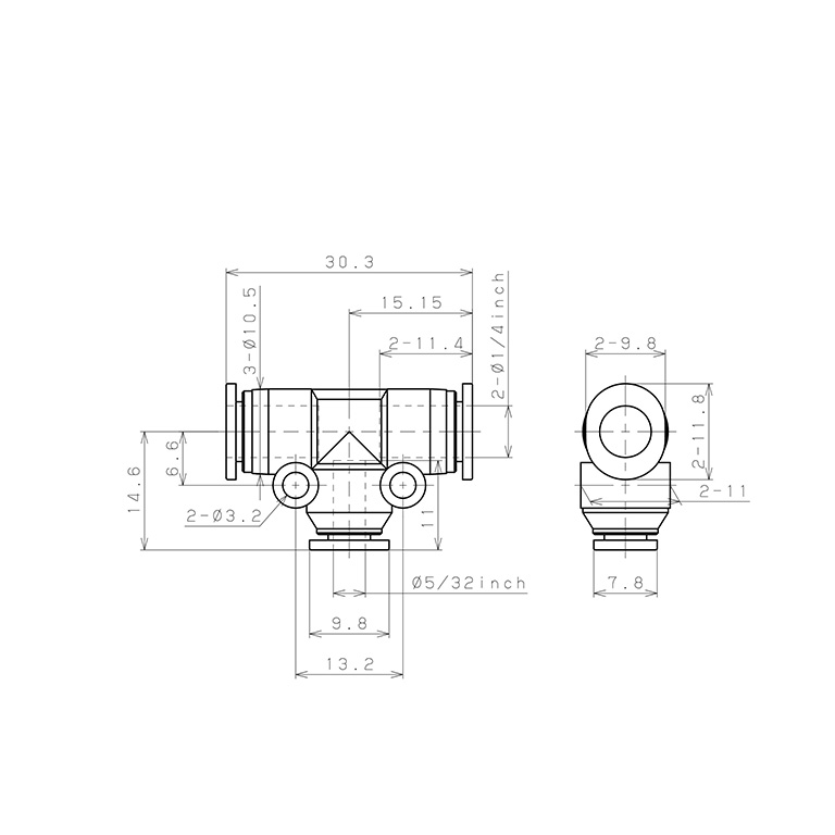 Đầu Nối Nhanh Khí Nén Chữ T Dạng Nối Giảm Pisco PEG1/4-5/32MW_drawing
