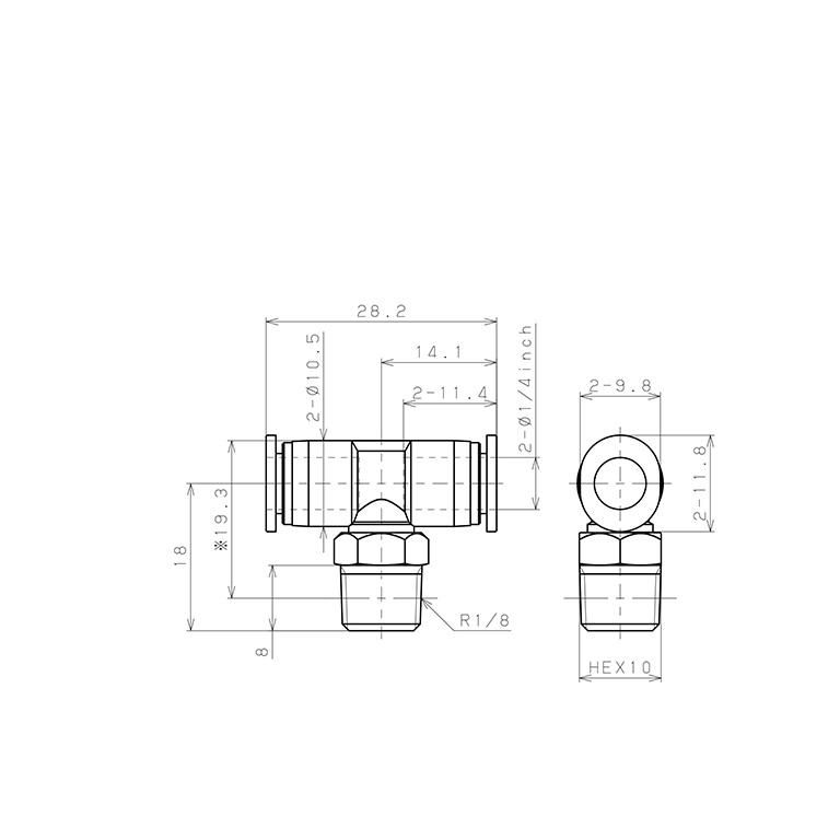 Đầu Nối Nhanh Khí Nén Dạng Chữ T Ren Ngoài Pisco PB1/4-01M_drawing