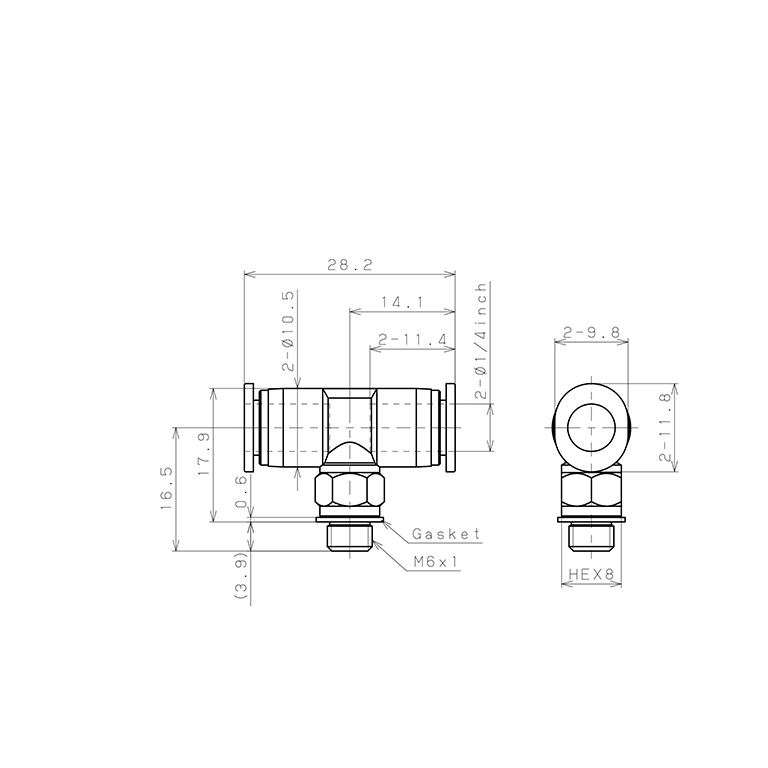 Đầu Nối Nhanh Khí Nén Dạng Chữ T Ren Ngoài Pisco PB1/4-M6M_drawing