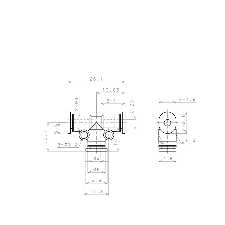 Đầu Nối Nhanh Khí Nén Chữ T Dạng Nối Giảm Pisco PEG3-4MW_drawing